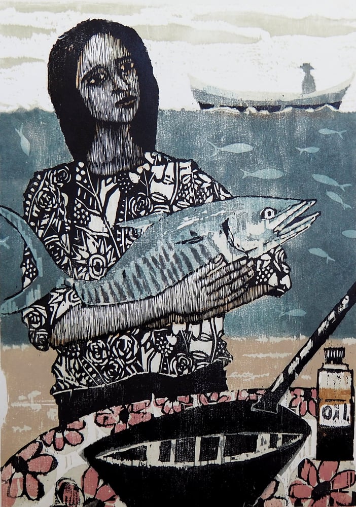 Image of 'One Fish for Dinner' (Original Multiple woodcut). (Winner of the Townsville Art Awards 2019)