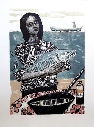 Image of 'One Fish for Dinner' (Original Multiple woodcut). (Winner of the Townsville Art Awards 2019)
