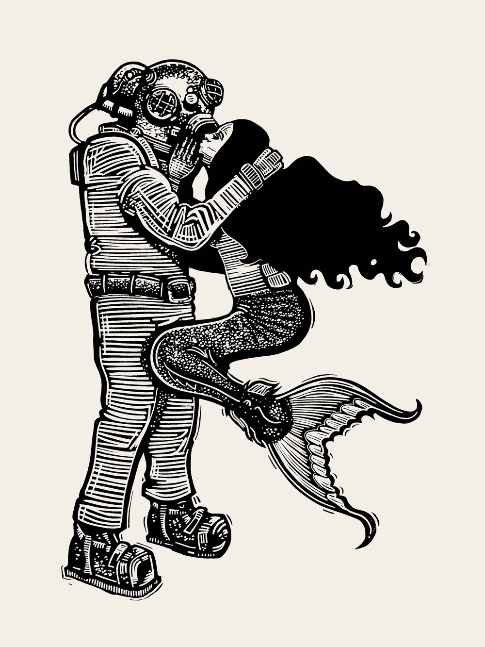 My Underwater Love Revisited - extra large black on white linocut print