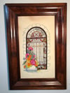Antique frame with embroidered stained glass window