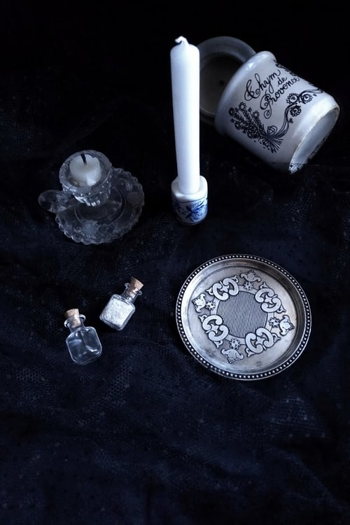 Image of FOLK WITCH. PORTABLE ALTAR KIT ↟ vintage mini tray / tile & candle holder, mini glass vials, etc.