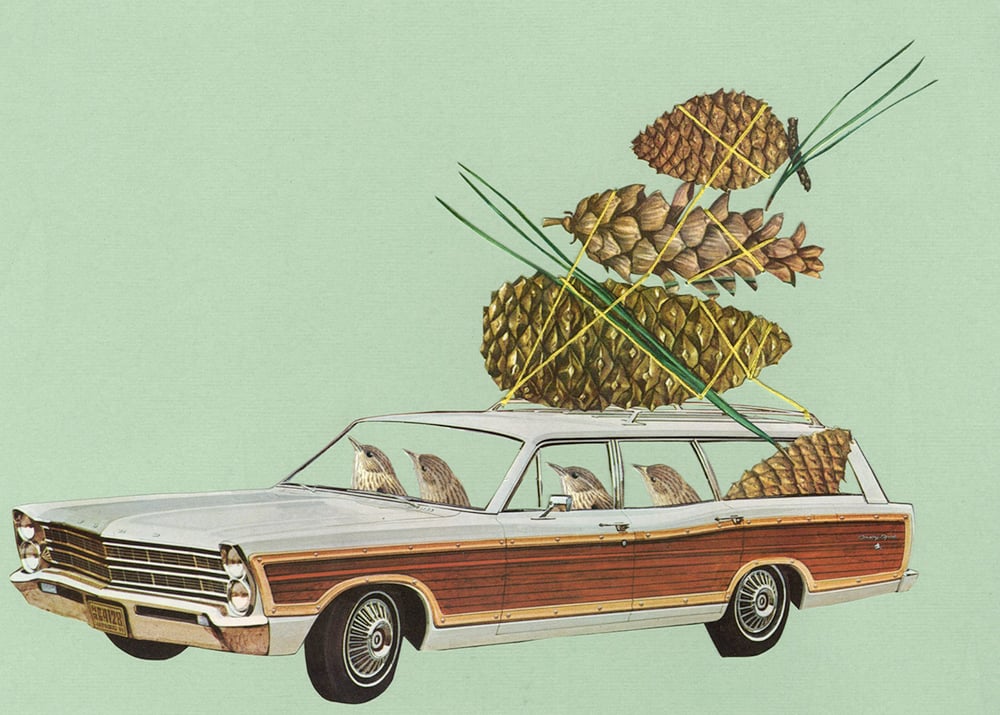 Image of Cone collecting in their Country Squire. Limited edition collage print.