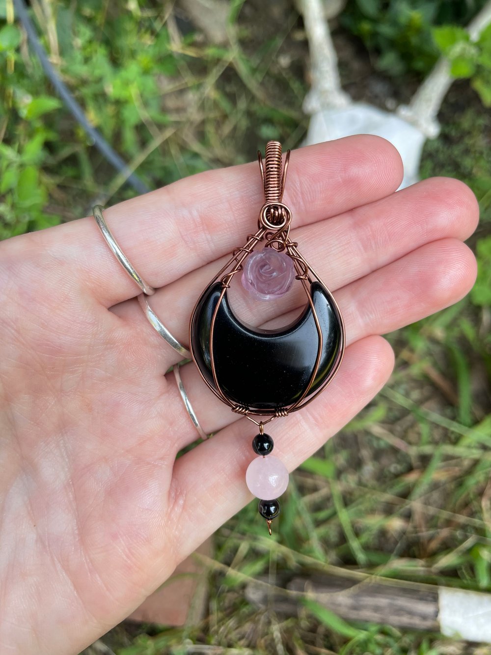 onyx crescent moon w/ rose necklace
