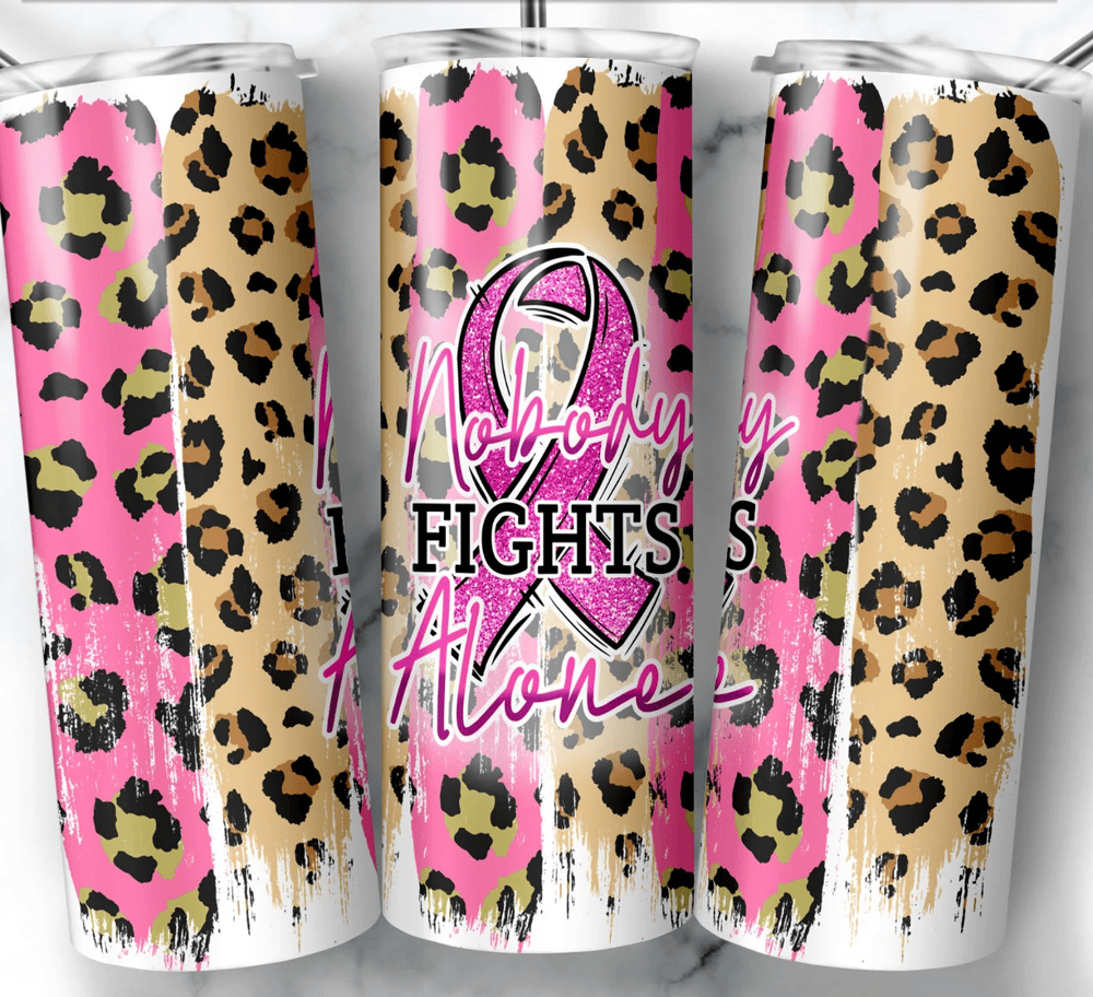 Image of Nobody Fights Cancer Alone 20 oz Leopard Tumbler