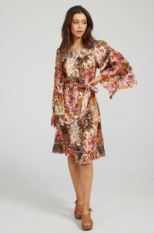 Image of Mantra Dress. Enchanted Patchwork print. By Talisman the Label 