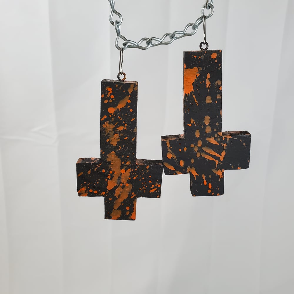Black Cat Inverted Cross Earrings