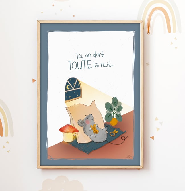 Affiche enfant / bébé A4 Souris qui dort TOUTE la nuit