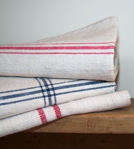 Image of Antique linen tea-towel blue or red stripe 