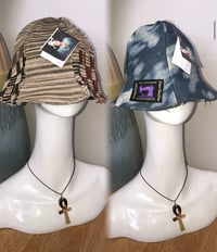 Image 1 of H.O.D. Knitted Tan Embroidery And Denim Panel Reversible Bucket Hat 