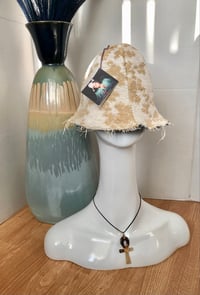 Image 2 of H.O.D. Tan and White Linen Fabric With Denim Panel Reversible Bucket Hat 
