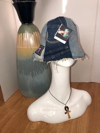 Image 3 of H.O.D. Tan and White Linen Fabric With Denim Panel Reversible Bucket Hat 