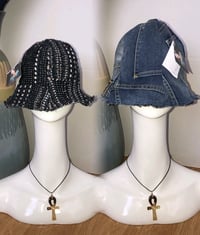 Image 1 of H.O.D. Black Knit With Gold And Silver Stitching And Denim Panel Reversible Bucket Hat  