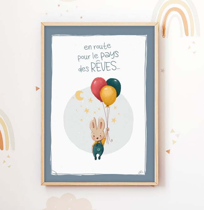 Affiche enfant / bébé A4 lapin au pays des rêves