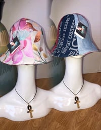 Image 1 of H.O.D. Pink Flower Embroidery With 3 Colored Denim Panel Reversible Wide Brim Sun Hat 