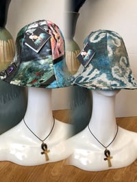 Image 2 of Painted Leather And Printed Linen Wide Brim Sun Hat 