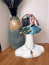 Image 3 of Painted Leather And Printed Linen Wide Brim Sun Hat 