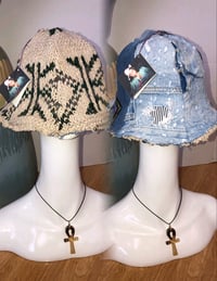 Image 1 of H.O.D. Tan Knit with Distressed Denim Reversible Bucket Hat