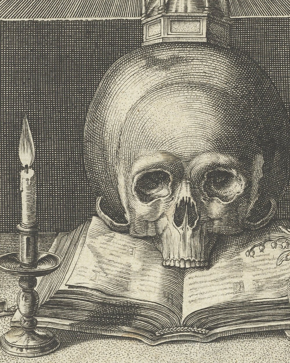 ''Title print with a skull and an hourglass'' (1626)