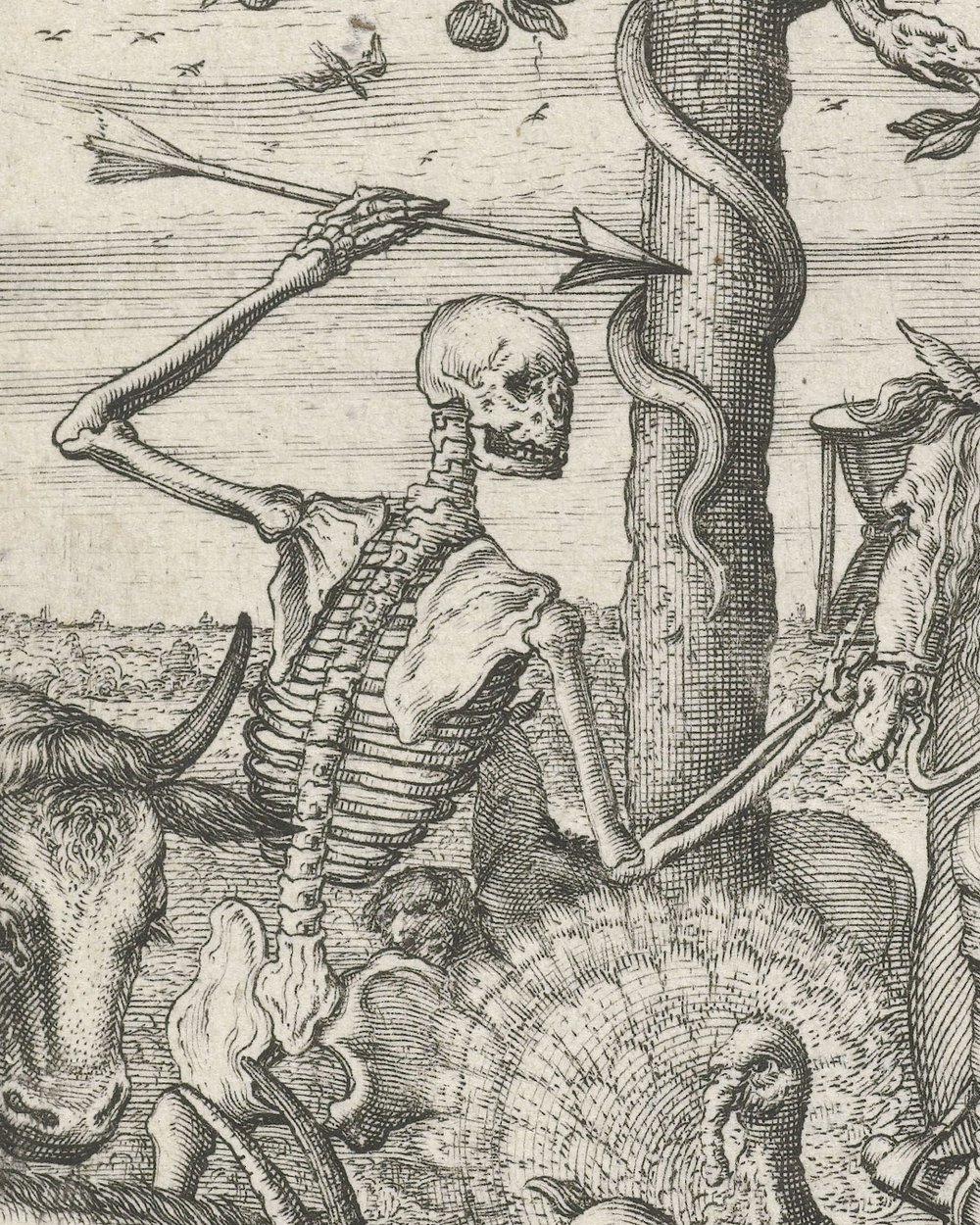 'Skeleton with arrow and falconer, in the middle of animals'' (1626)