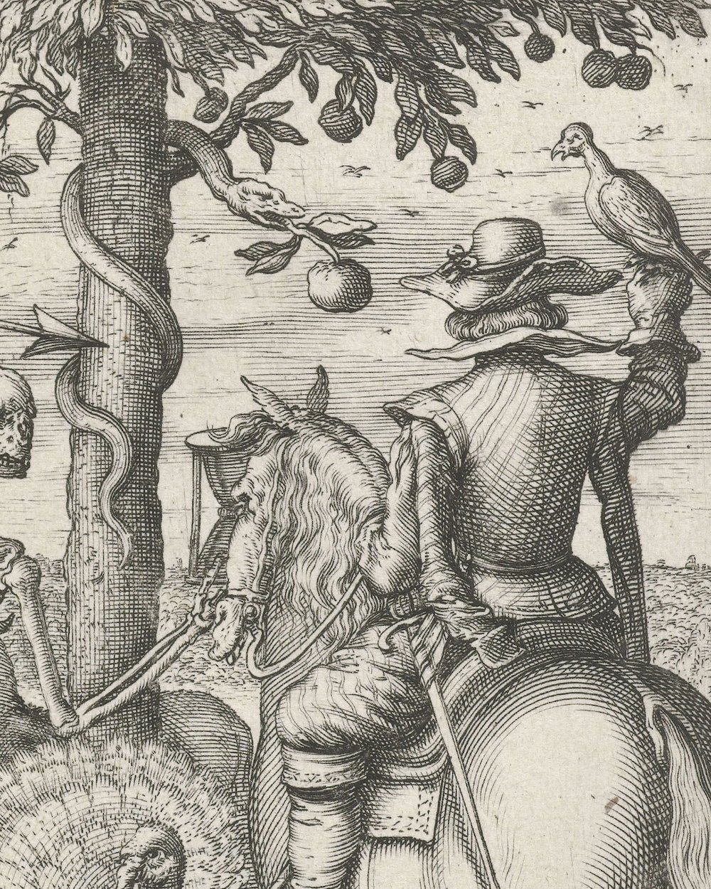 'Skeleton with arrow and falconer, in the middle of animals'' (1626)