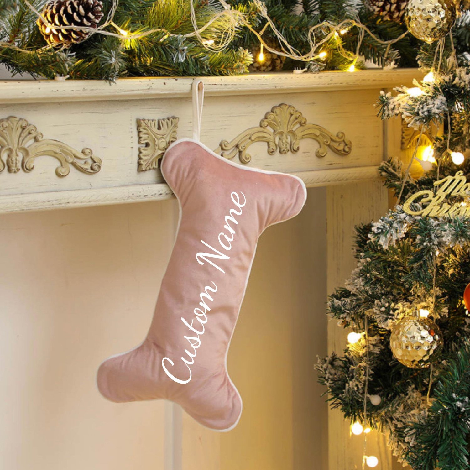 Image of Custom Velvet Bone Christmas Stocking - Baby Pink