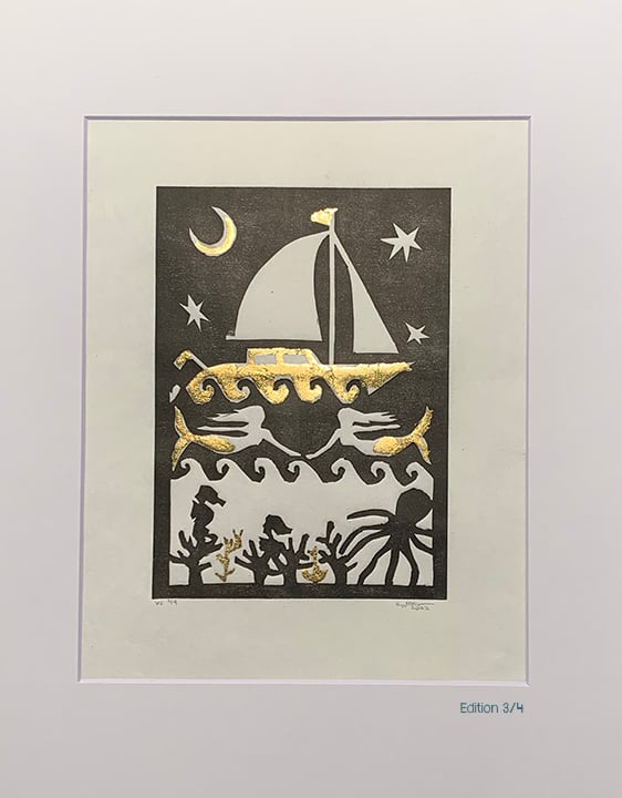 Ocean Illustration in Black with Gold Leaf Image 4
