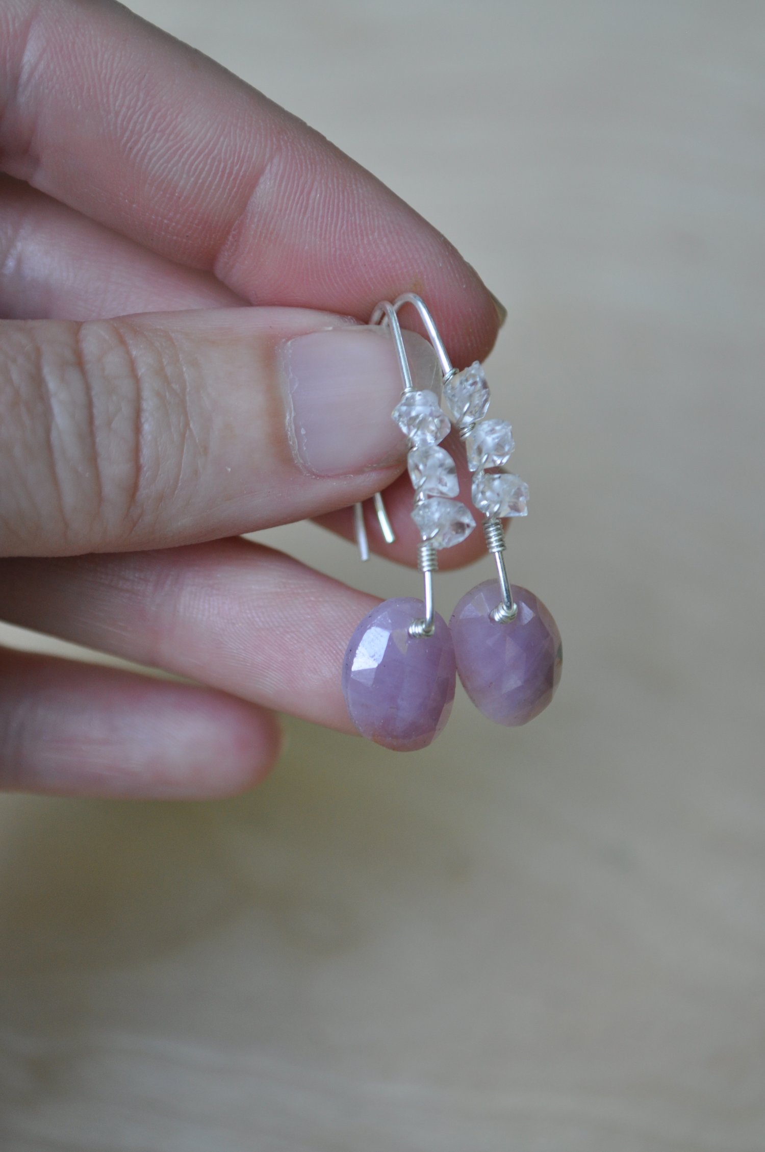 Image of Light Pink Sapphire and Herkimer Diamond Dangles on Sterling Silver