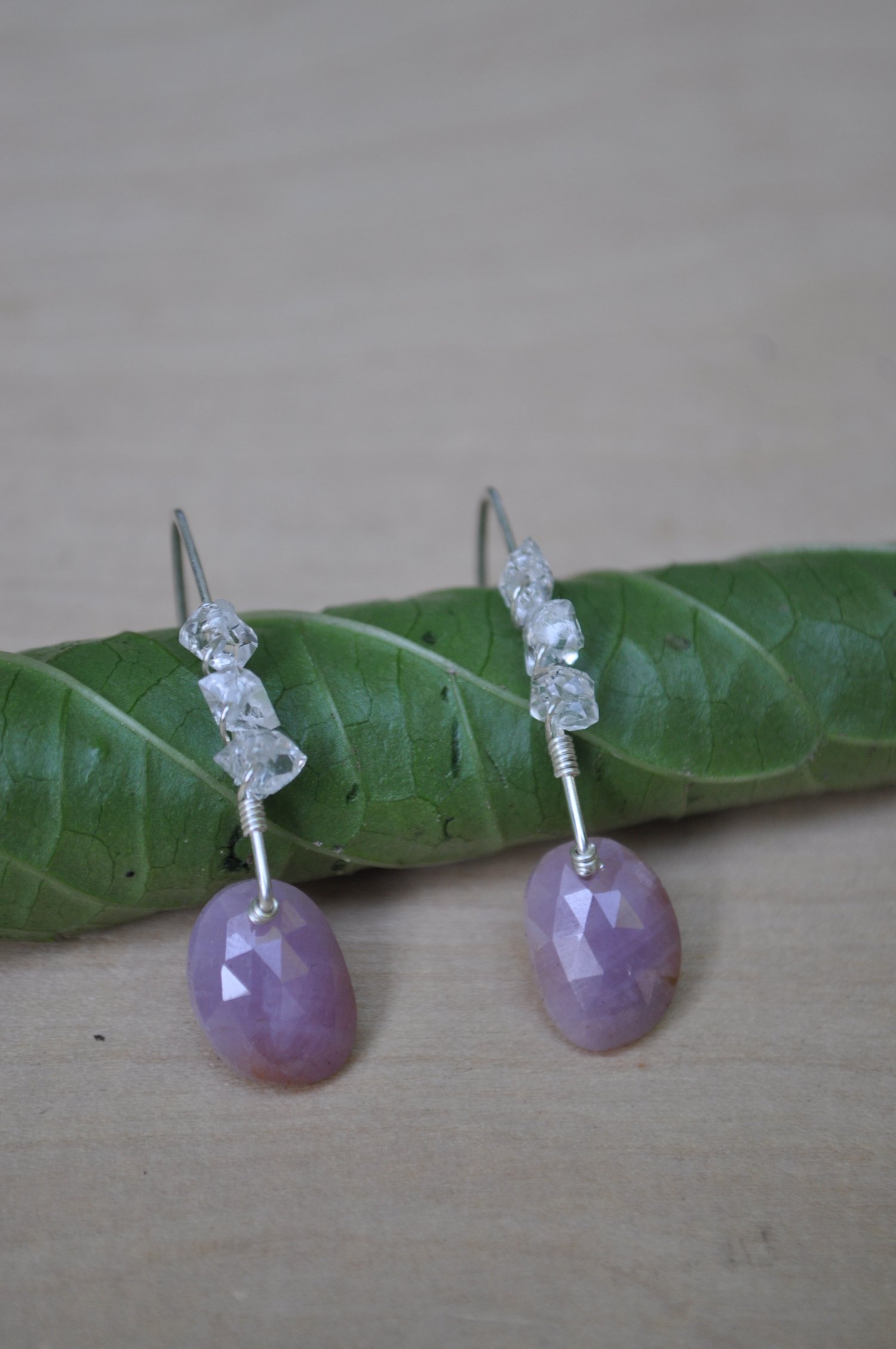 Image of Light Pink Sapphire and Herkimer Diamond Dangles on Sterling Silver