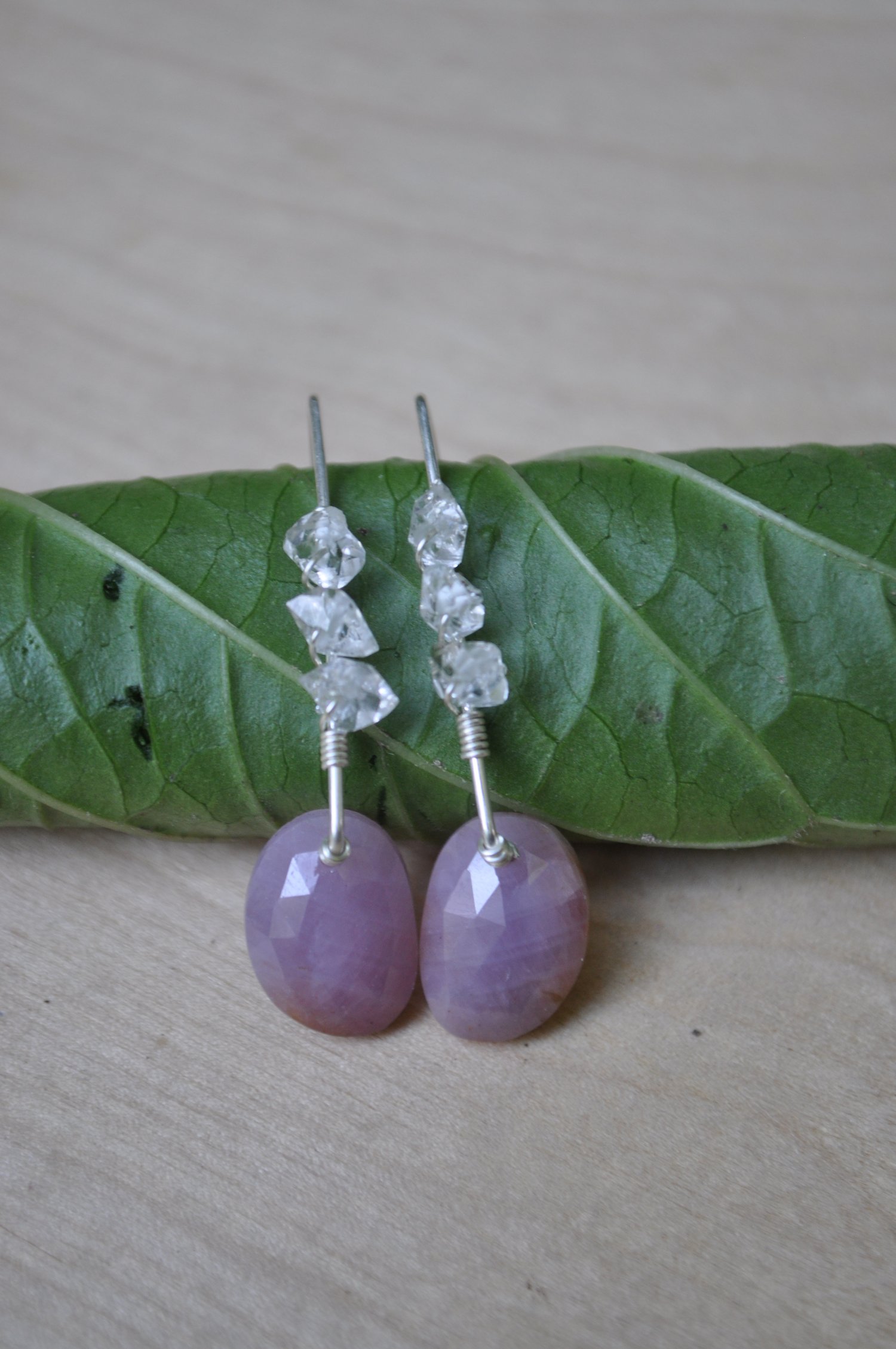 Image of Light Pink Sapphire and Herkimer Diamond Dangles on Sterling Silver