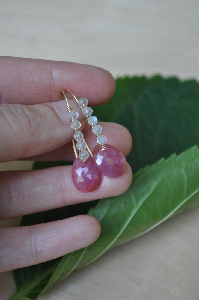 Image of Bright Pink Sapphire and Labradorite on Gold Fill Ear Hooks
