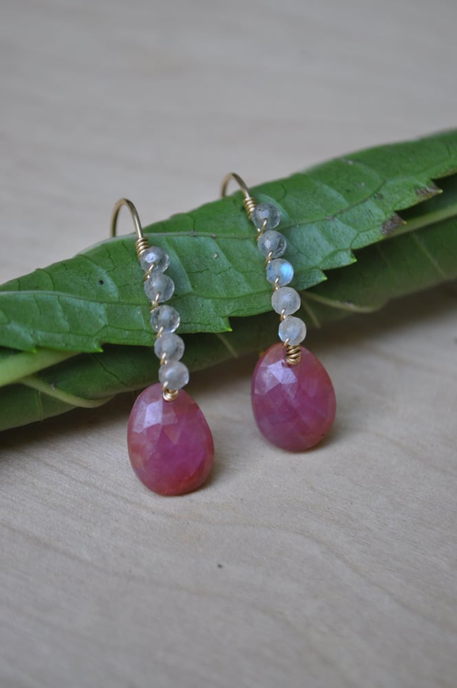 Image of Bright Pink Sapphire and Labradorite on Gold Fill Ear Hooks