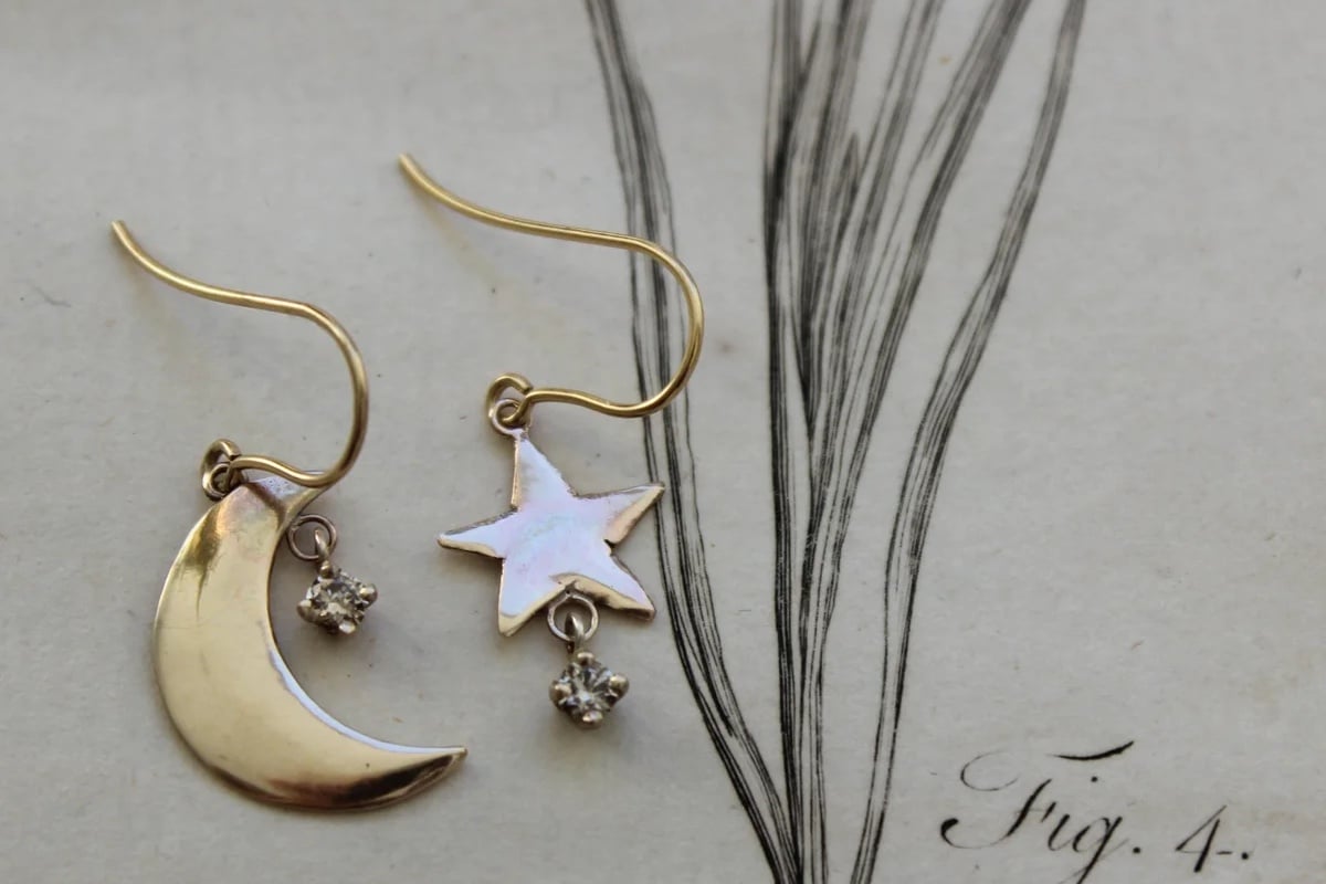 Image of *SALE - WAS £290* gold moon & star earrings with champagne diamonds