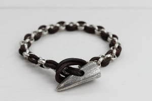 Image of men's toggle bracelet with leather and chain, dark brown