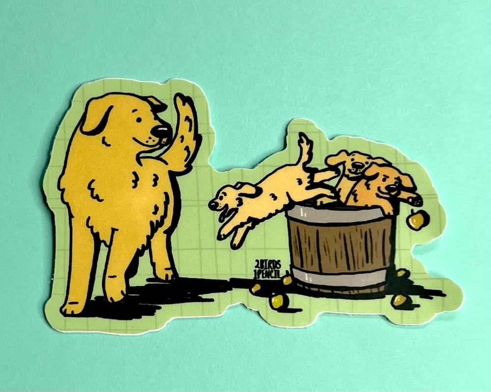 Image of Golden retriever and puppies by the bushel vinyl sticker
