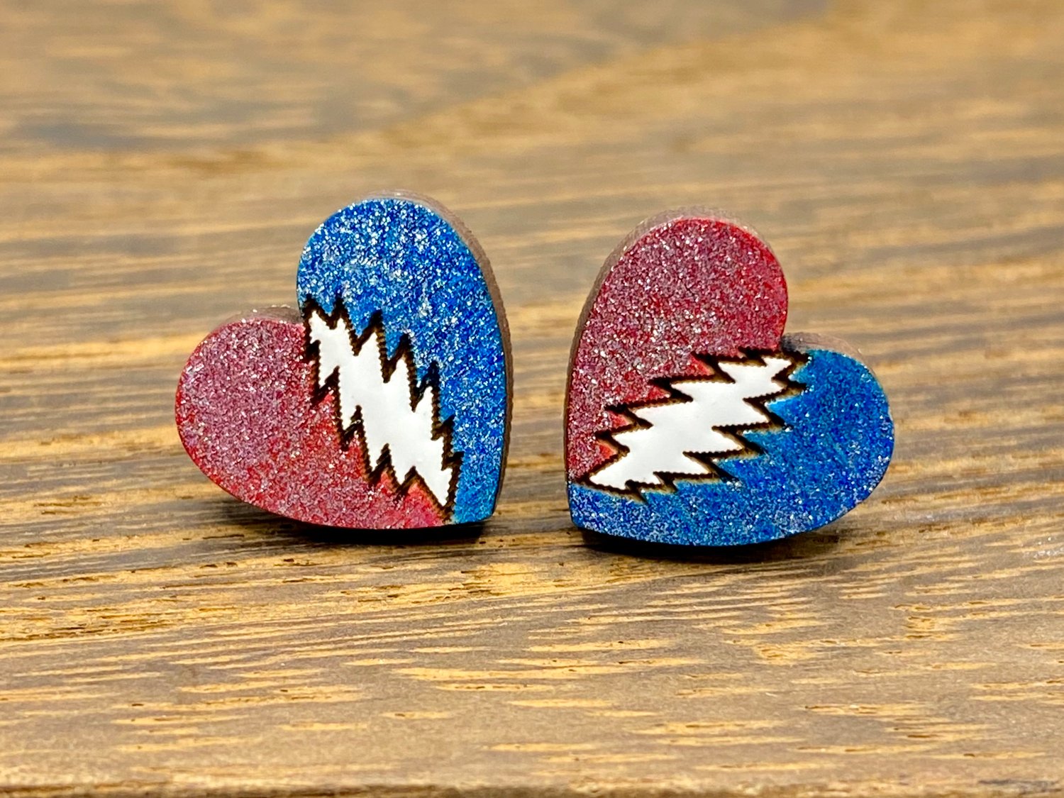 Glitter Valentines Day Bolt Hearts - Handmade Wooden Stud Earrings