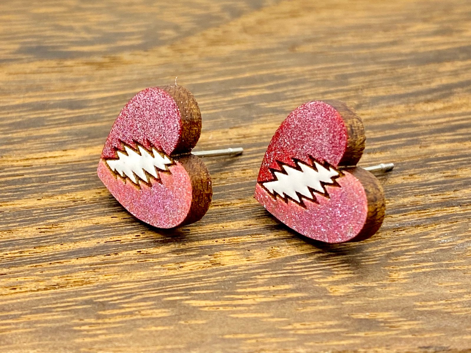 Glitter Valentines Day Bolt Hearts Handmade Wooden Stud Earrings