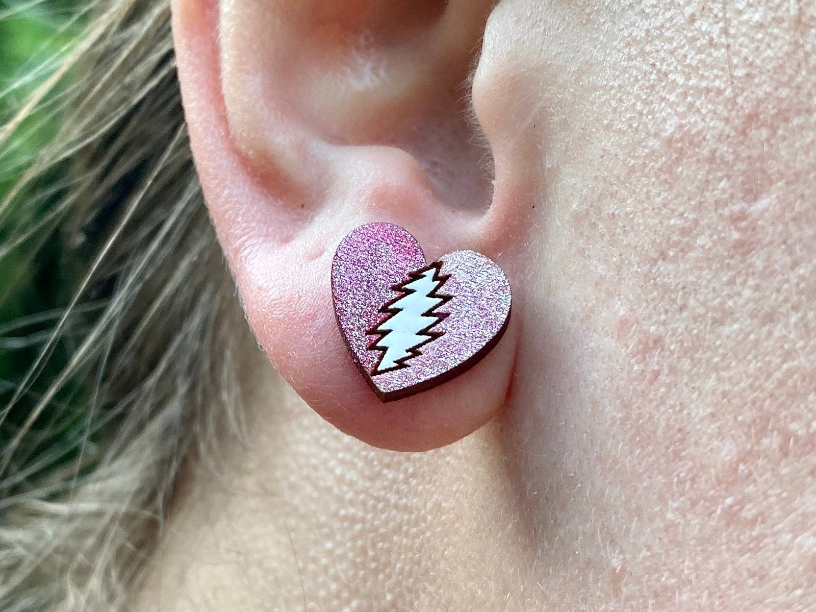 Glitter Valentines Day Bolt Hearts Handmade Wooden Stud Earrings
