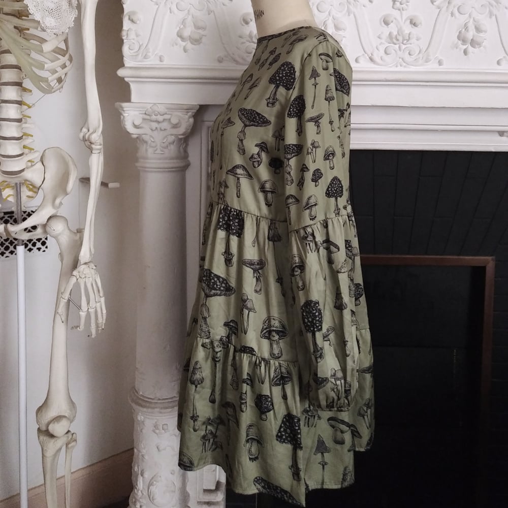 Image of MUSHROOM DRESS ※ BRETT MANNING design - almond green, silky, tiered - S