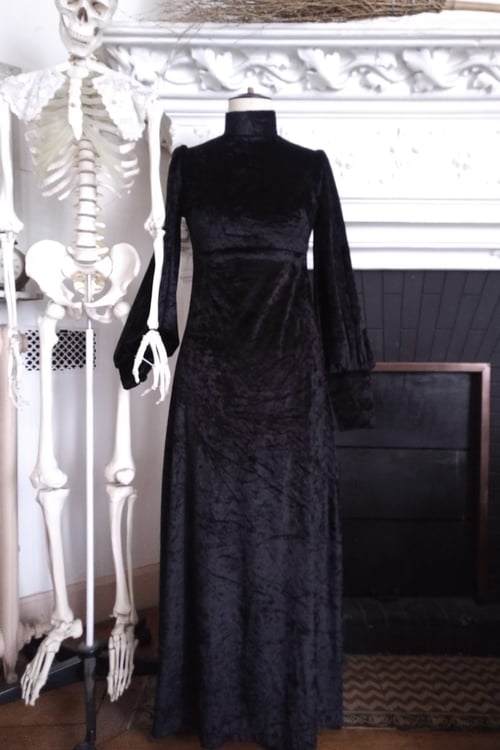 Image of  WITCHY BLACK VELVET  MAXI DRESS ※ VELVET CAVE design - high neck, poet sleeves - XS