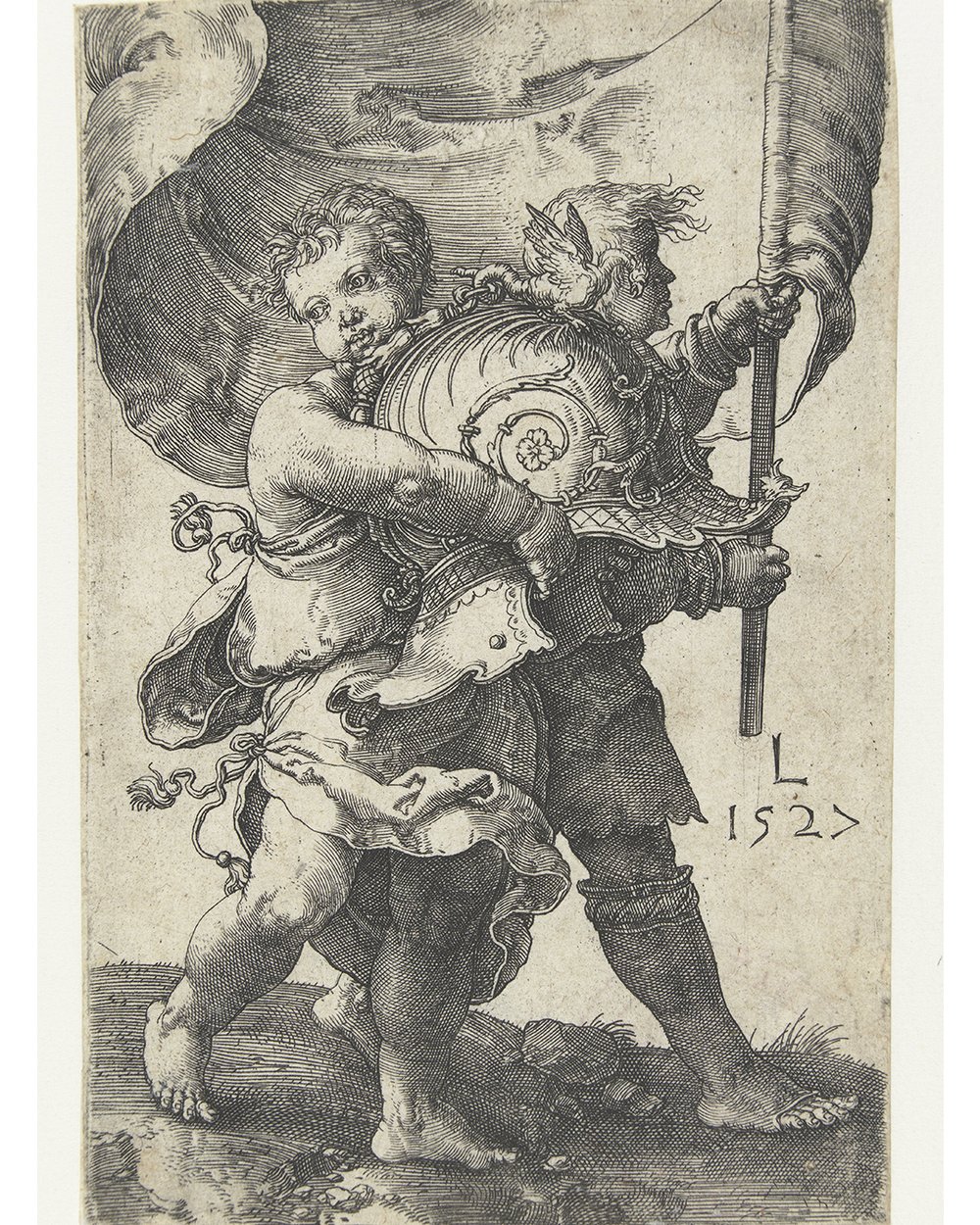 "Two boys with helmets and banners" (1527)