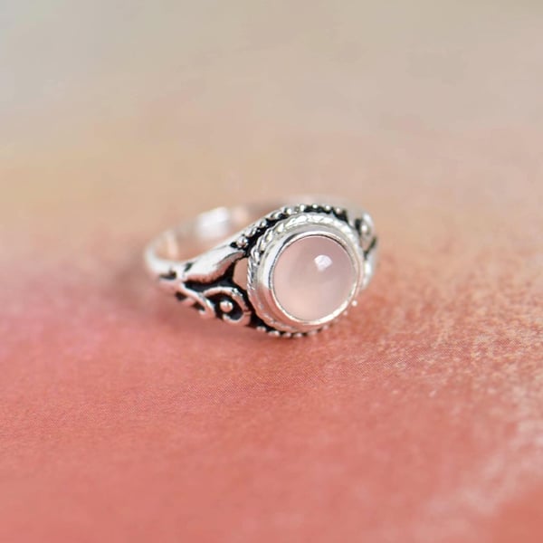 Image of Pale Pink Chalcedony cabochon cut vintage style silver ring