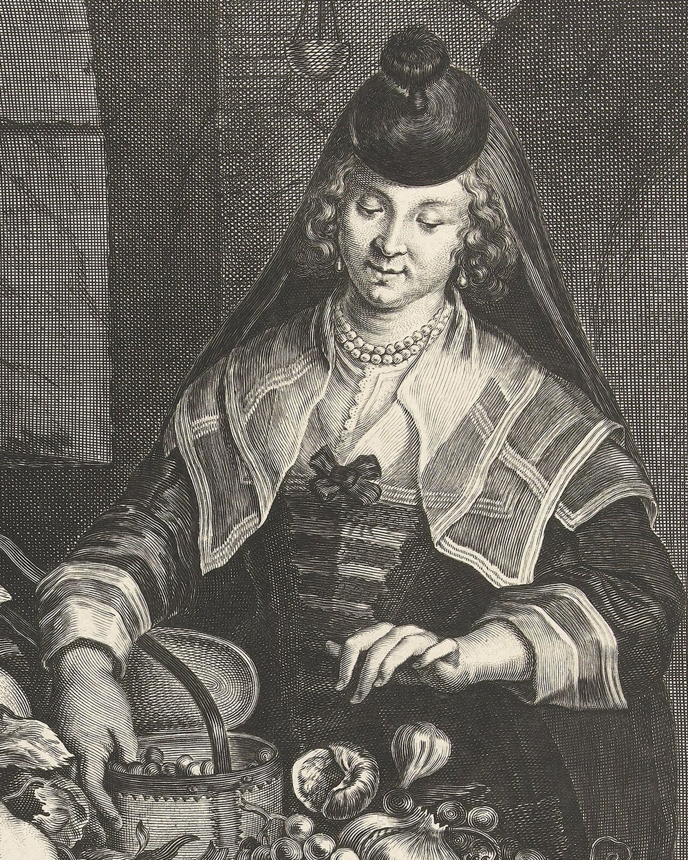 "Woman at table overloaded with fruits and vegetables"  (1645)