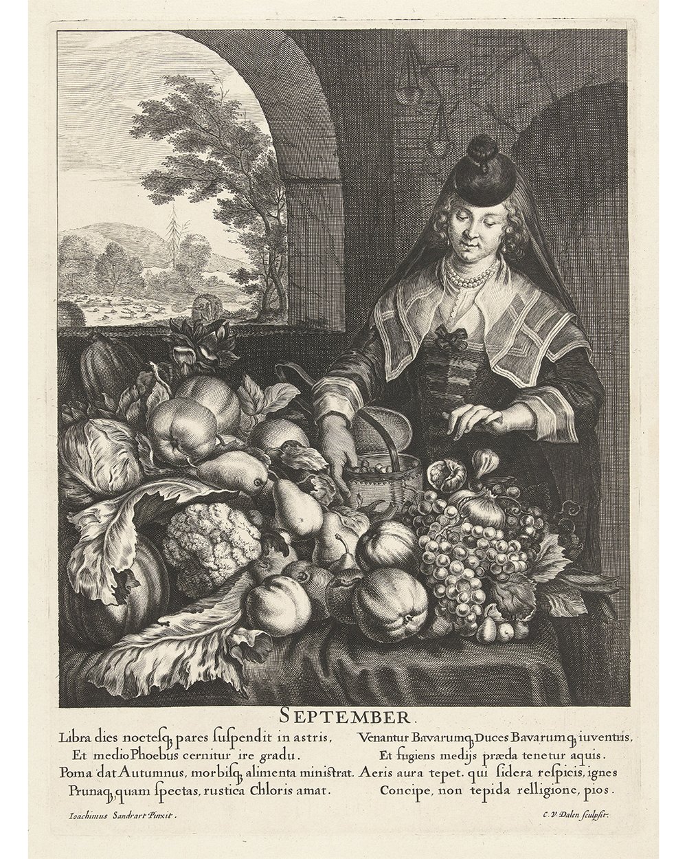 "Woman at table overloaded with fruits and vegetables"  (1645)