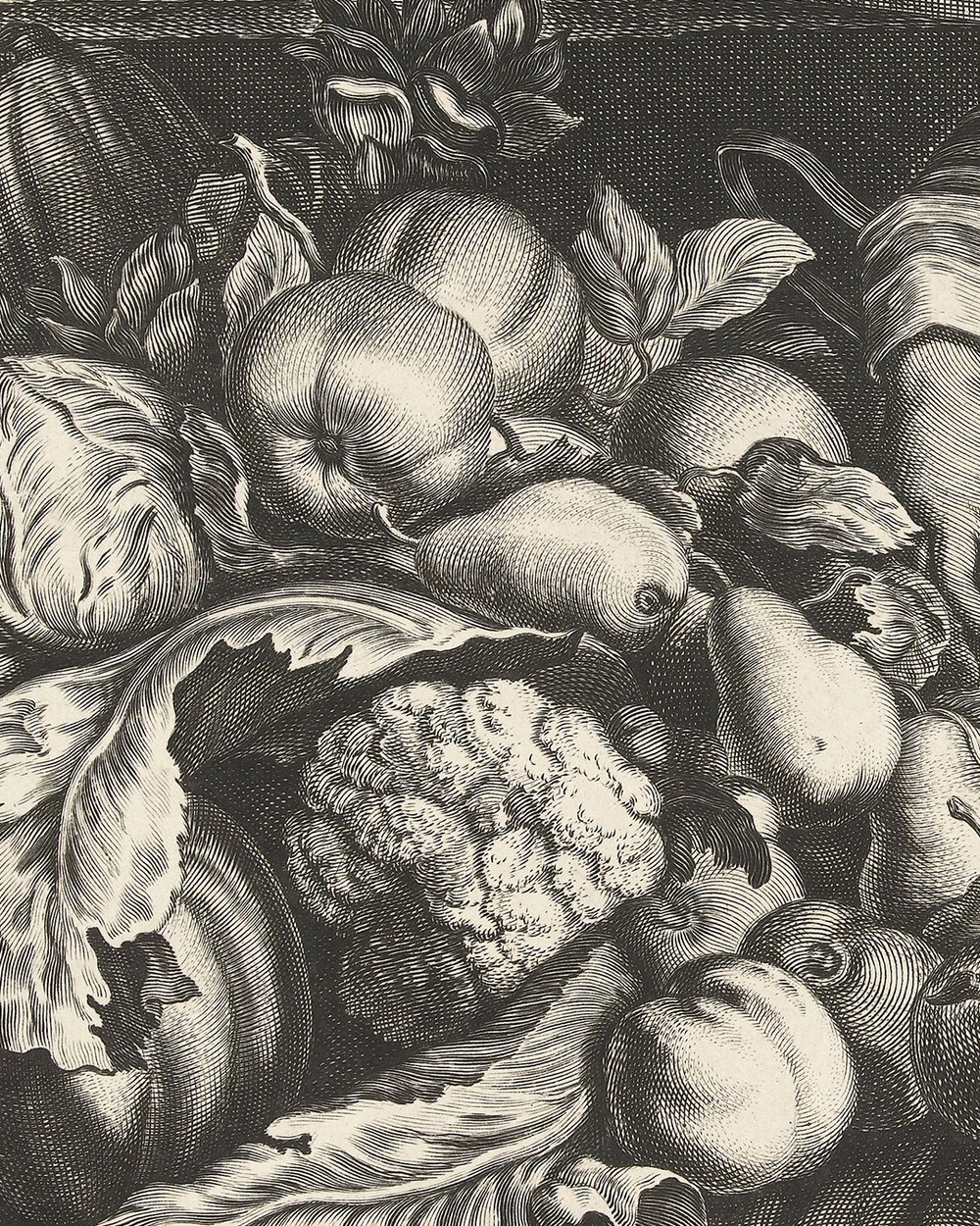 "Woman at table overloaded with fruits and vegetables"  (1645)