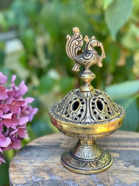 Image of Tall Peacock brass incense holder 