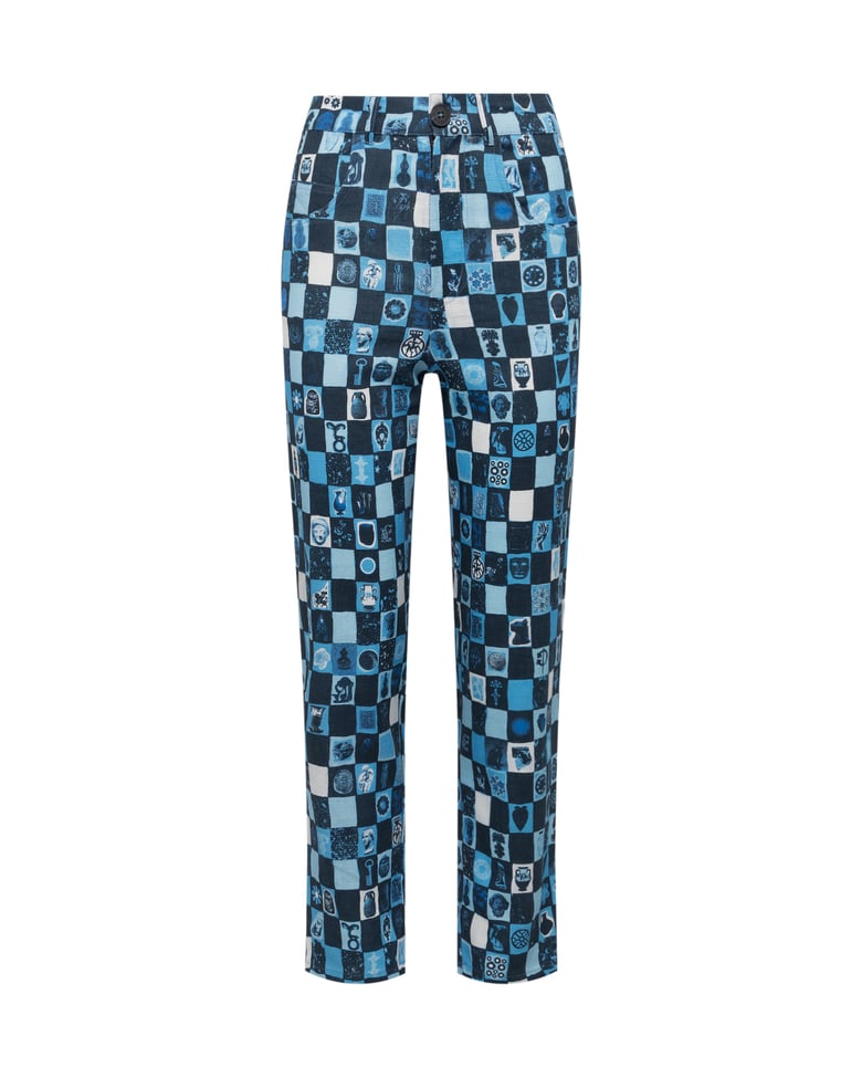 Image of Matilda Pants in Cerulean Archive Check Linen <s>$185</s> 