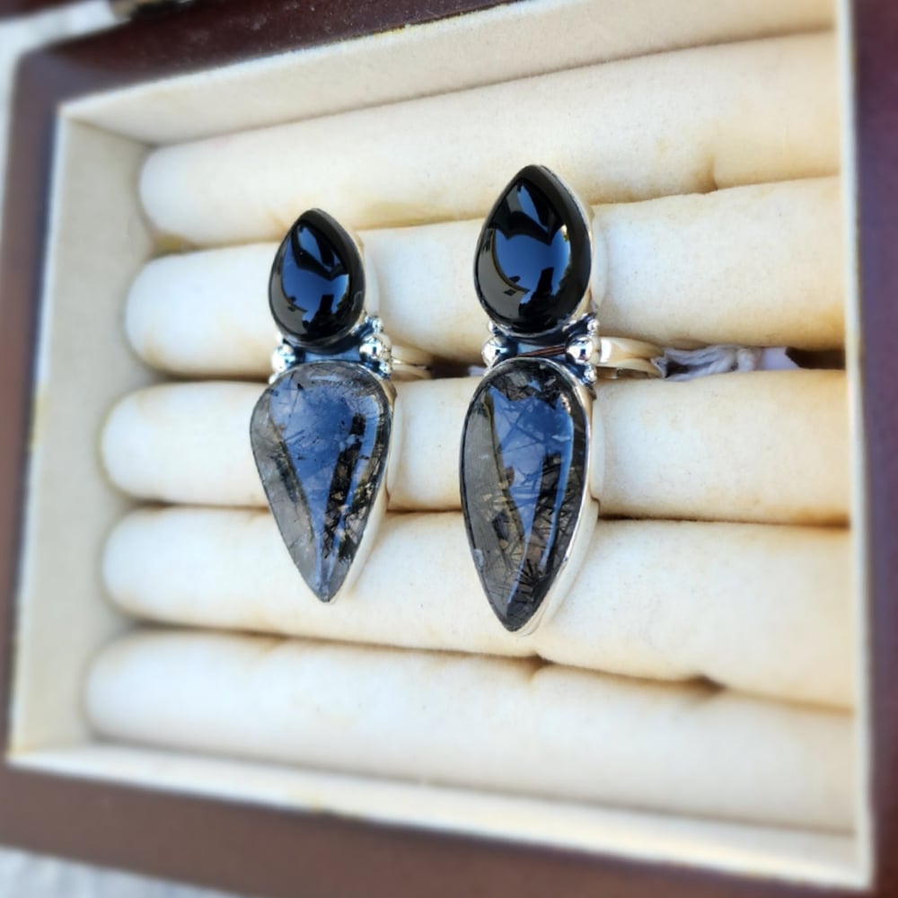 Image of Polaris - Obsidian & Tourmalinated Quartz Ring in Sterling 