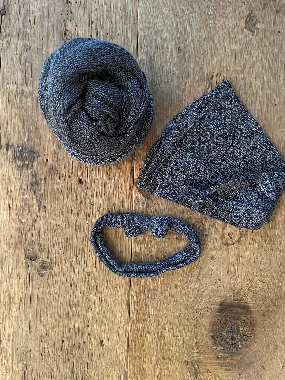 Image of Dark Grey soft wrap, hat & bow headband