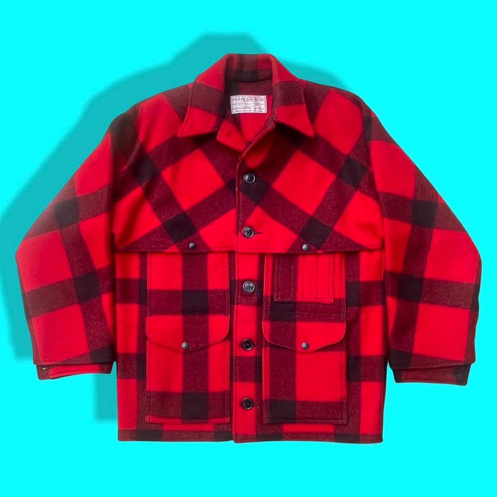 C. C. Filson 70s Vintage Buffalo Check Mackinaw Hunting Jacket Red Black Plaid 100% Wool size: XL