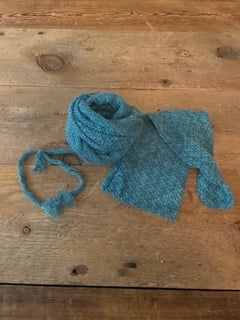 Image of Turquoise Knit Wrap, Hat & Tieback